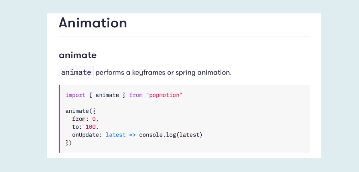 A snippet of code from the Popmotion animation library website