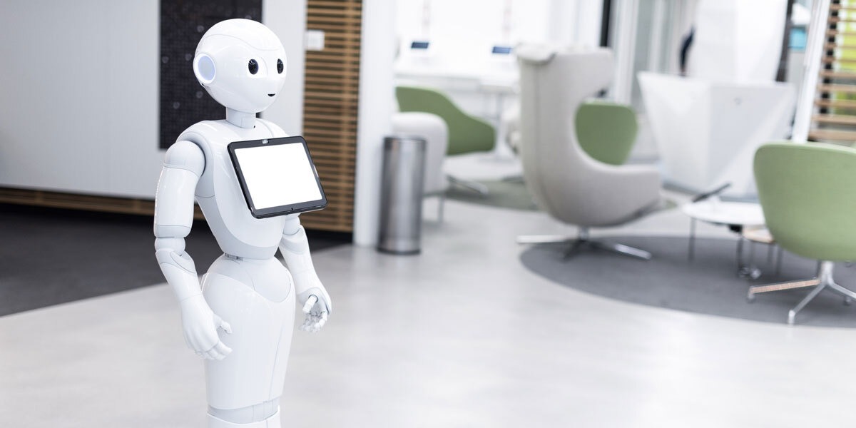 A robot walking through an office