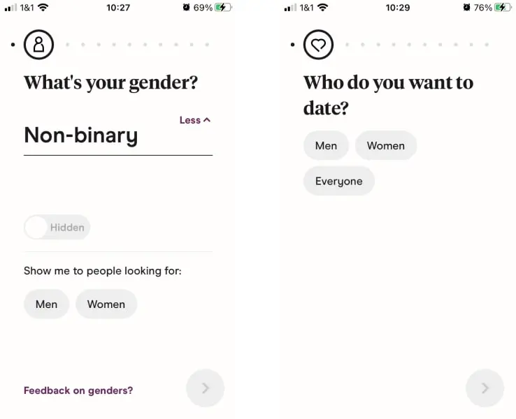 Two screens from Hinge onboarding as described by the author