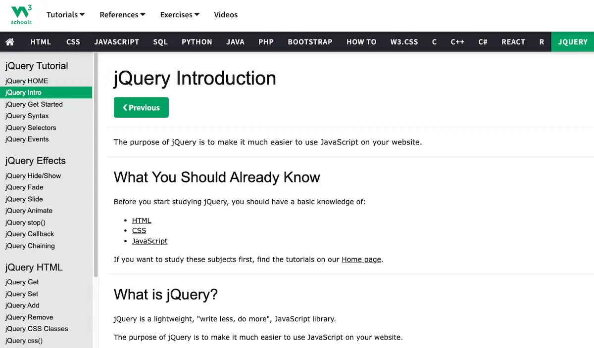 Screenshot from the W3Schools Jquery web development tutorial.