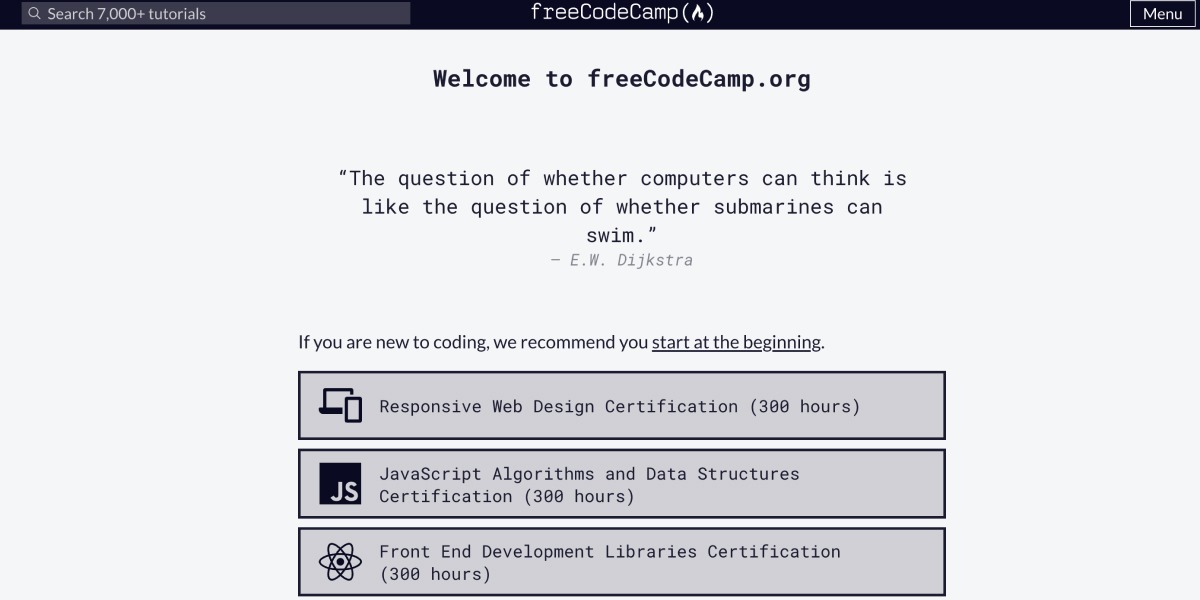 Overview of the FreeCodeCamp homepage, showing its free coding bootcamps .