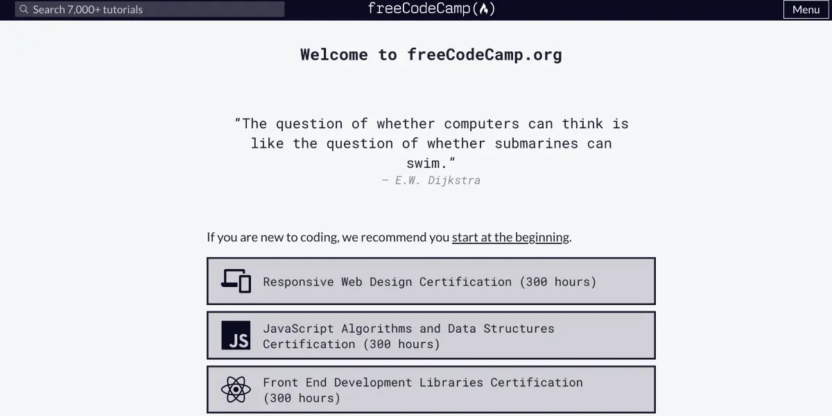 Overview of the FreeCodeCamp homepage, showing its free coding bootcamps .