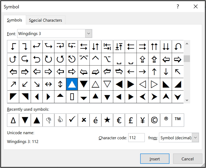 The symbols library in Excel