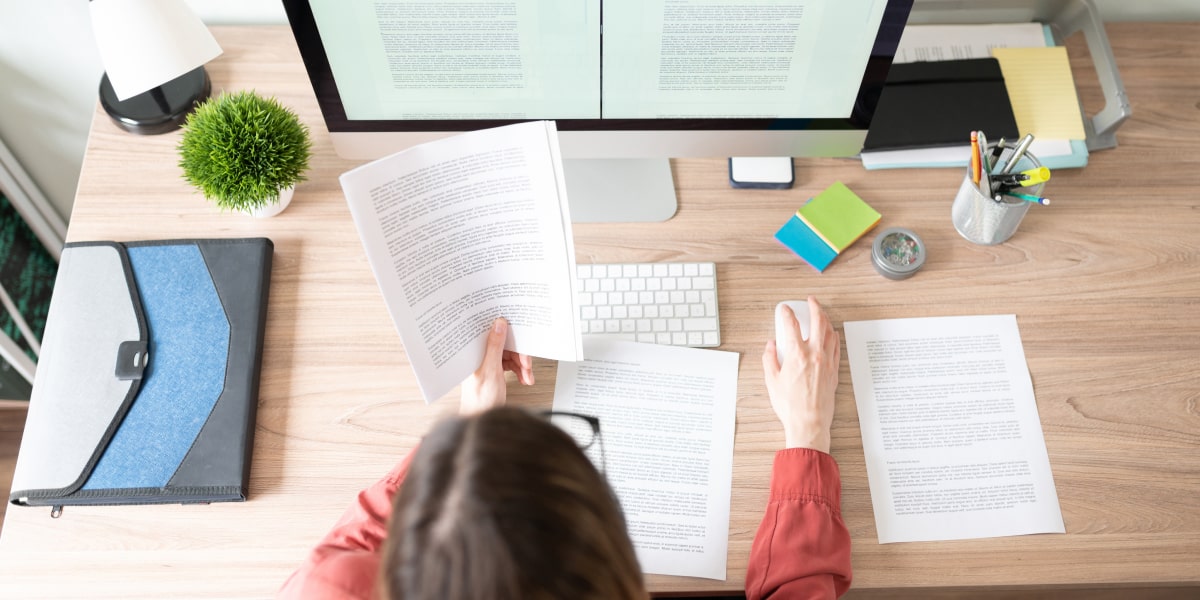 A content strategist working on a computer