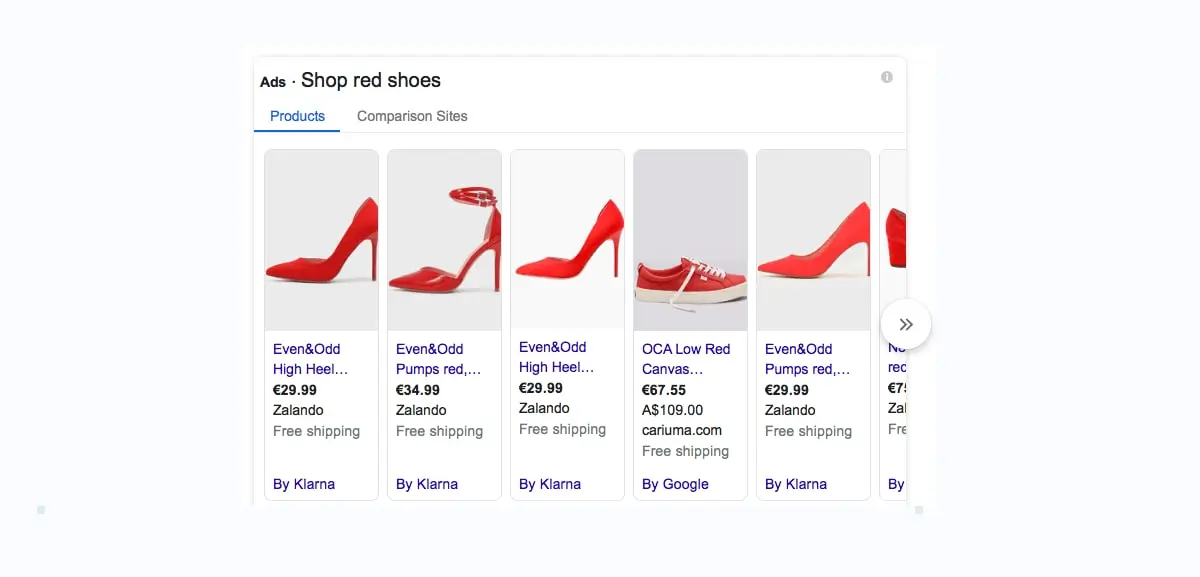 An example of ads that appear in Google when you search for "red shoes". The ad shows photos of different pairs of red shoes with their prices and where to buy them.