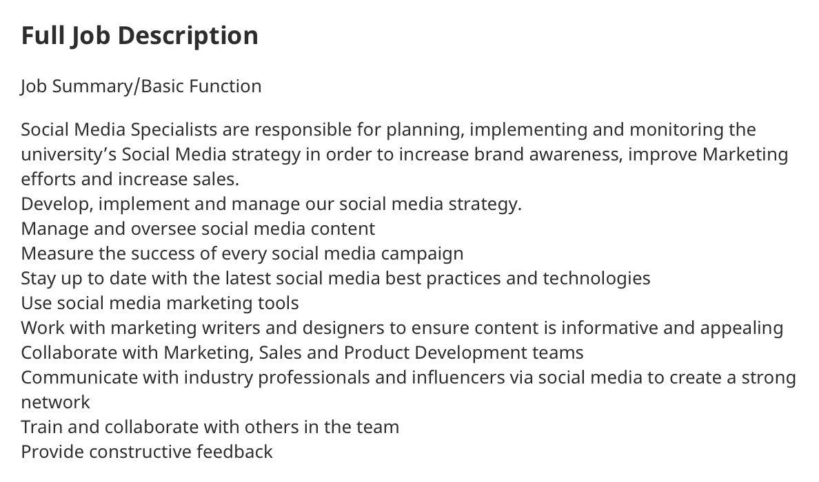 A job ad for a social media specialist at Liberty University