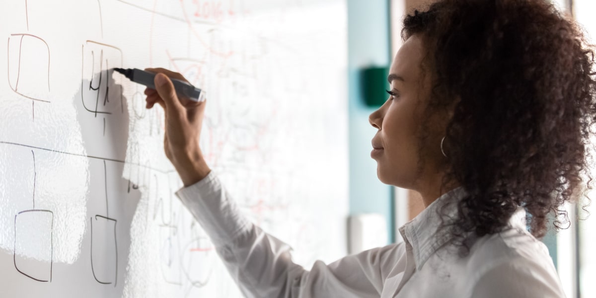 A marketing professional in side profile, writing on a board, planning a cross-channel marketing campaign