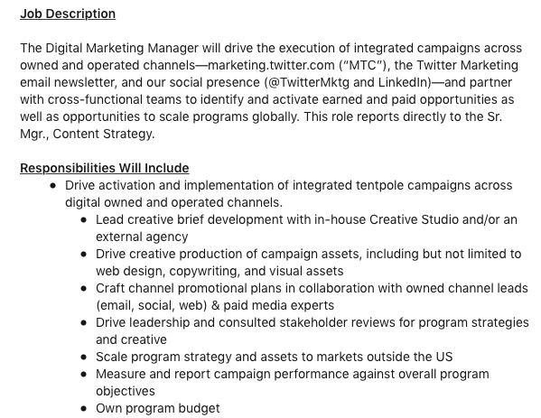 A digital marketing manager job description posted by Twitter