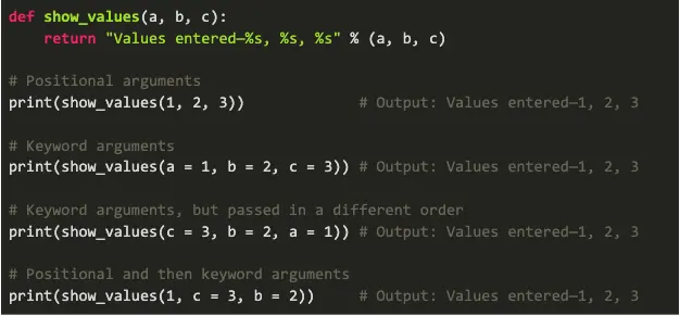 Python code showing the difference between positional and keyword arguments.