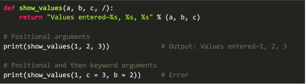 Lines of Python 3.8 code showing how a positional-only argument works.