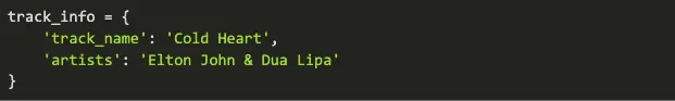 Python code showing track information for the song Cold Heart by Elton John and Dua Lipa.