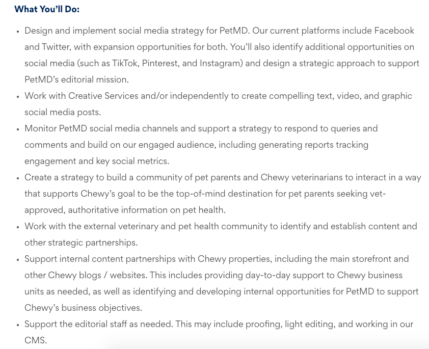 A social media manager job description posted by Chewy