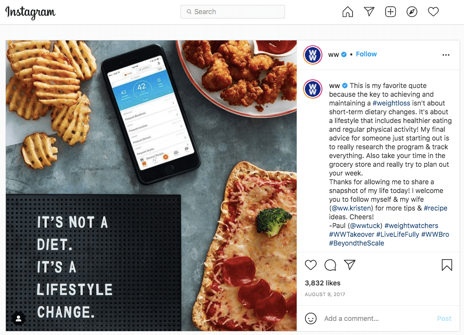 An Instagram post shared by WW, an example of psychographics being used in digital marketing