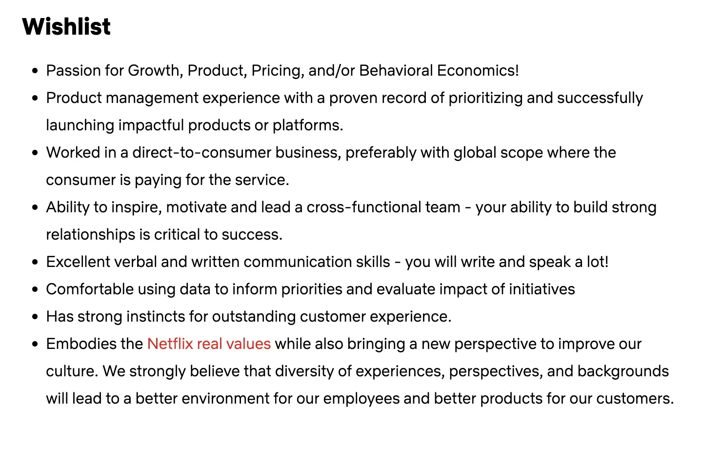 Screenshot of the "wishlist" section of a Netflix product manager job ad.