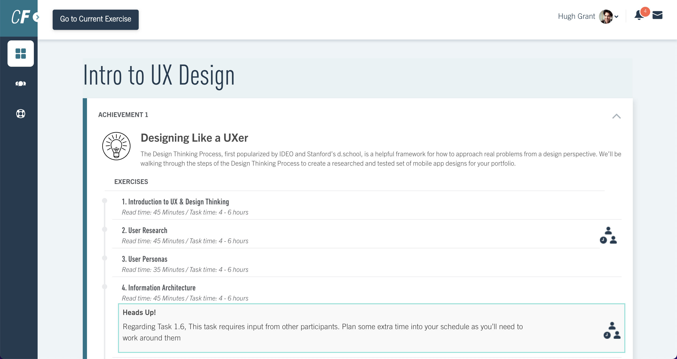 A screenshot of inside the CareerFoundry Intro to UX Design course, looking at the student portal's first exercise overview.