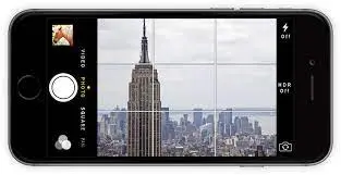 Image of a smartphone camera app screenwith the rule of thirds grid applied to a shot of New York City.