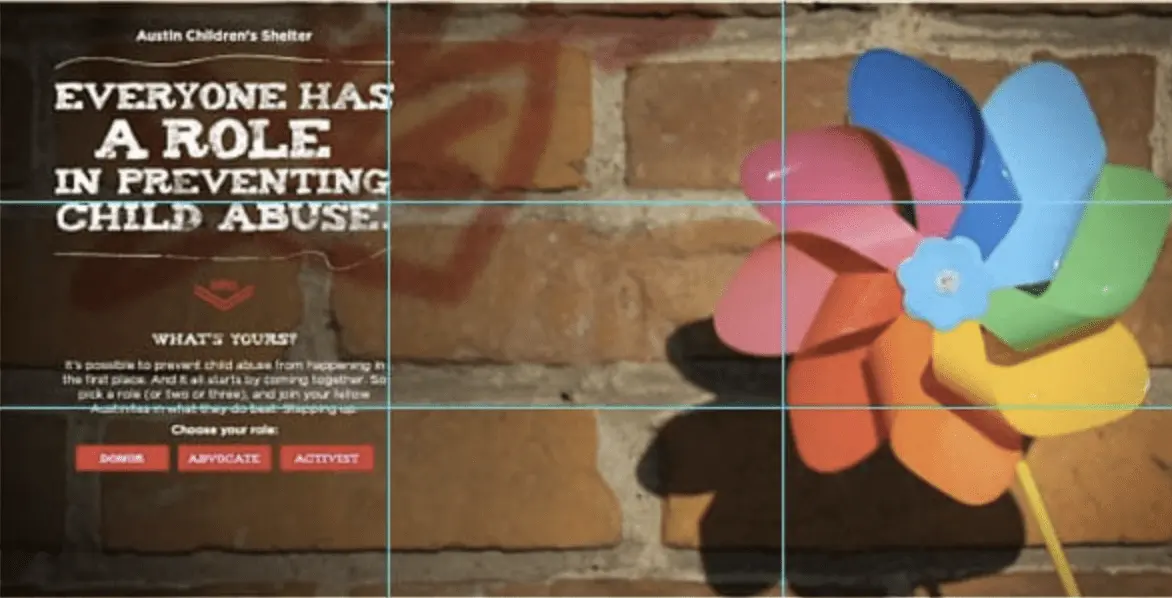 Screenshot of the the Austin Children's Center Homepage to show the rule of thirds.