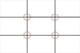 A grid consisting of two pairs of lines, to illustrate the rule of thirds in design.