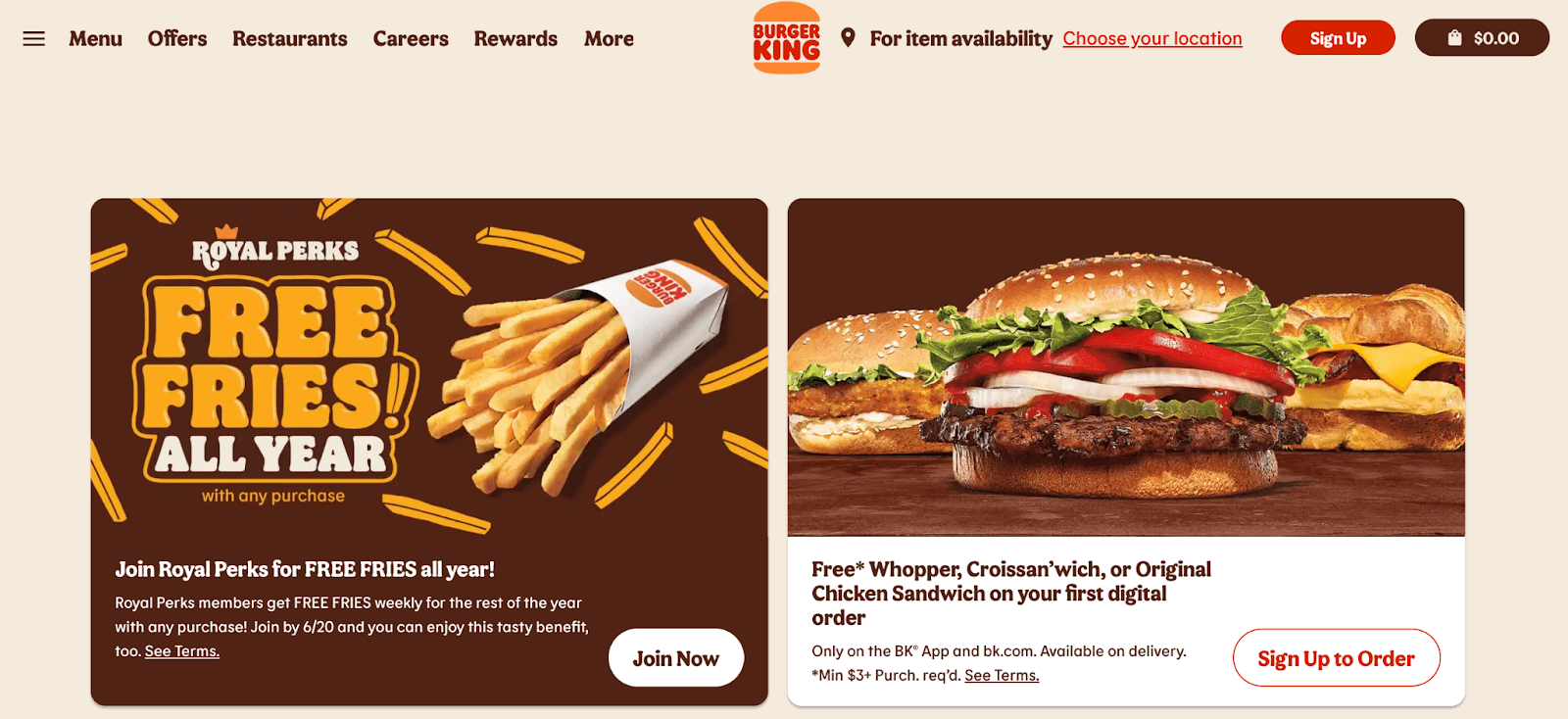 Screenshot of a Burger King webpage showing flat design.