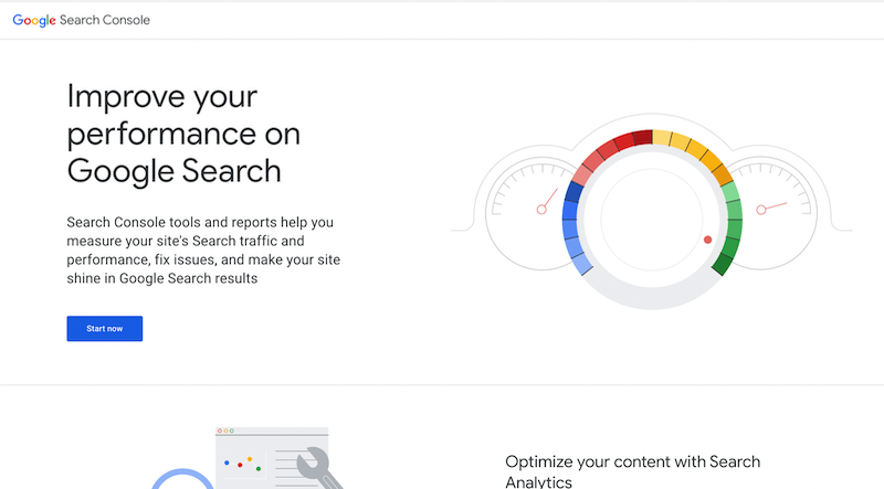 Screenshot of the homepage of Google Search Console, a tool used in on-page SEO optimization