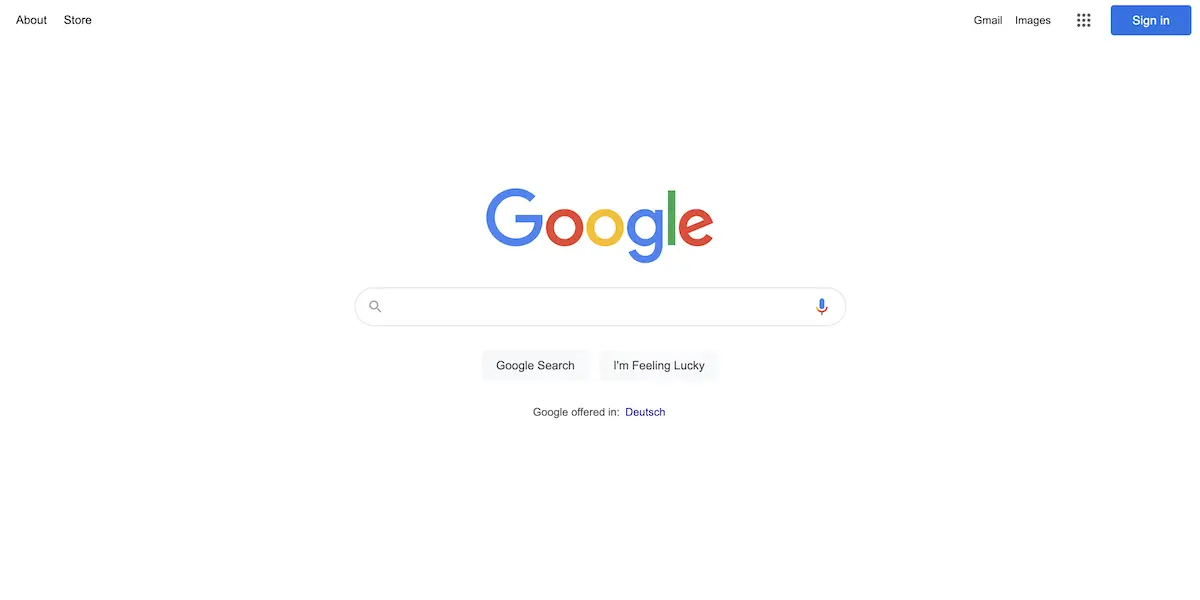 A screenshot of the Google homepage, showing Fitts's Law through the search bar in the middle.