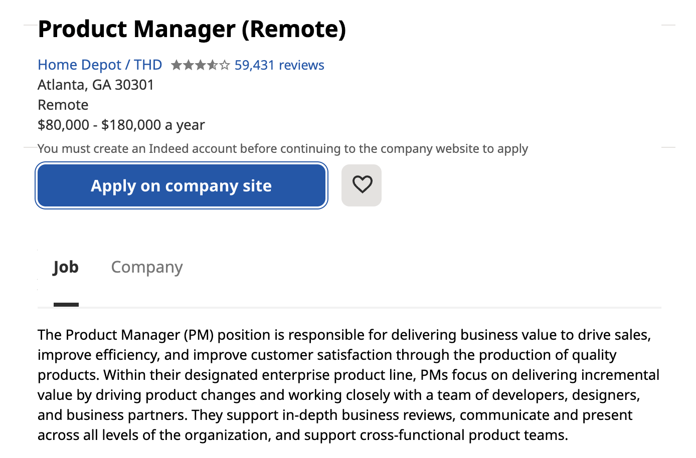 Excerpt from a product manager job description for Home Depot.