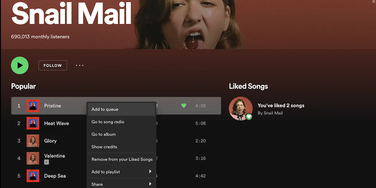 Screenshot of the Spotify desktop app highlighting the right-click options menu.