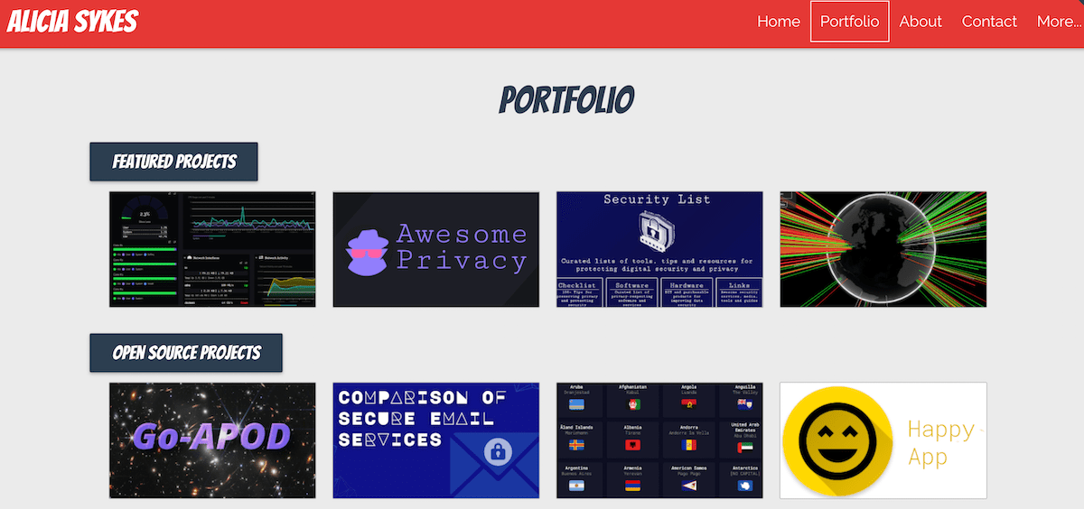 Screenshot of the Projects page of Alicia Sykes's software engineer portfolio.