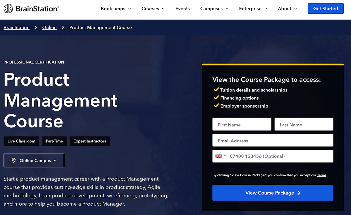 Screenshot of the BrainStation product management school course page.