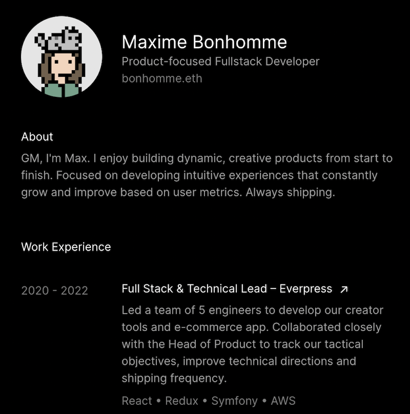 Screenshot of Maxime Bonhomme's software engineer portfolio website.