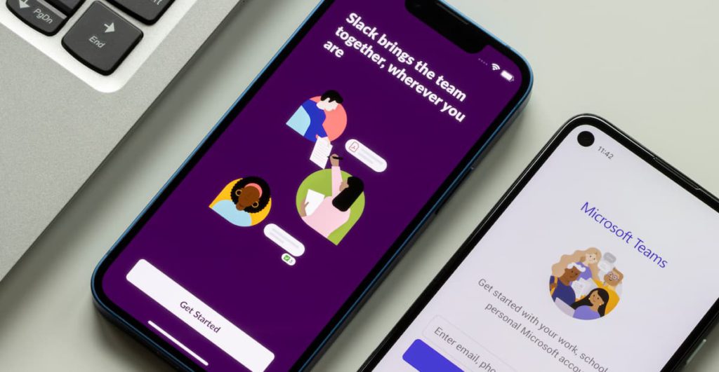 cellphones with slack and ms teams demonstrate how better communication is a benefit of remote work