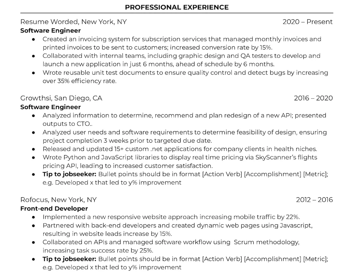 Professional experience section of a sample software engineer resume.