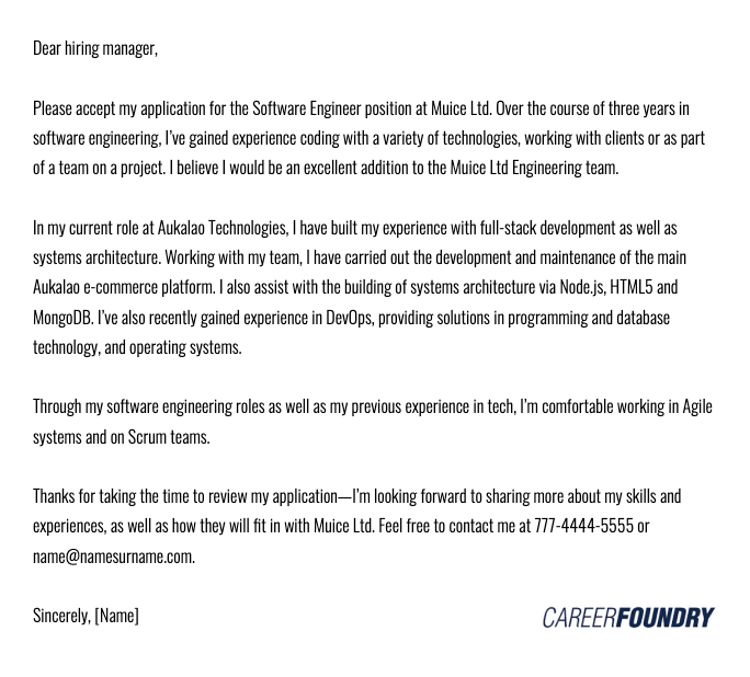 Another example of a software engineer cover letter.