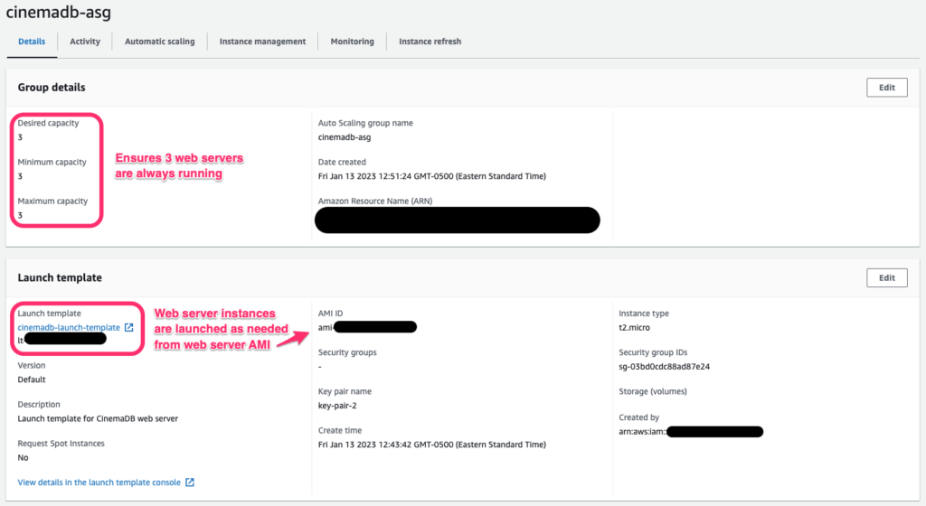 ASG with launch template from web server AMI, ensuring 3 running web servers