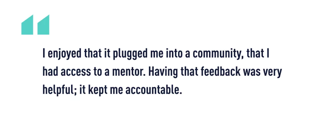 A quote from Rachel Abrams about her career change from admin to UX and studying with CareerFoundry