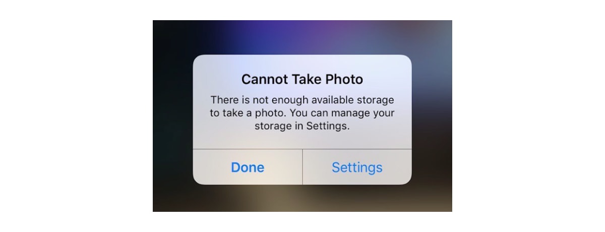 iOS notification that tells you that your storage is full and you cannot take the photo