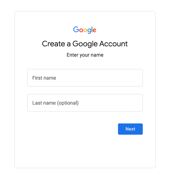 The Google new account sign-up screen
