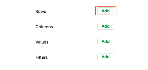 The pivot table editor in Google Sheets. The "Add" button next to "Rows" has been selected