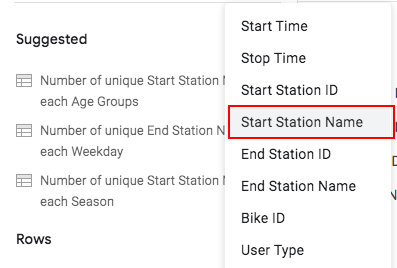 The pivot table editor in Google Sheets. The variable "Start station name" has been selected.