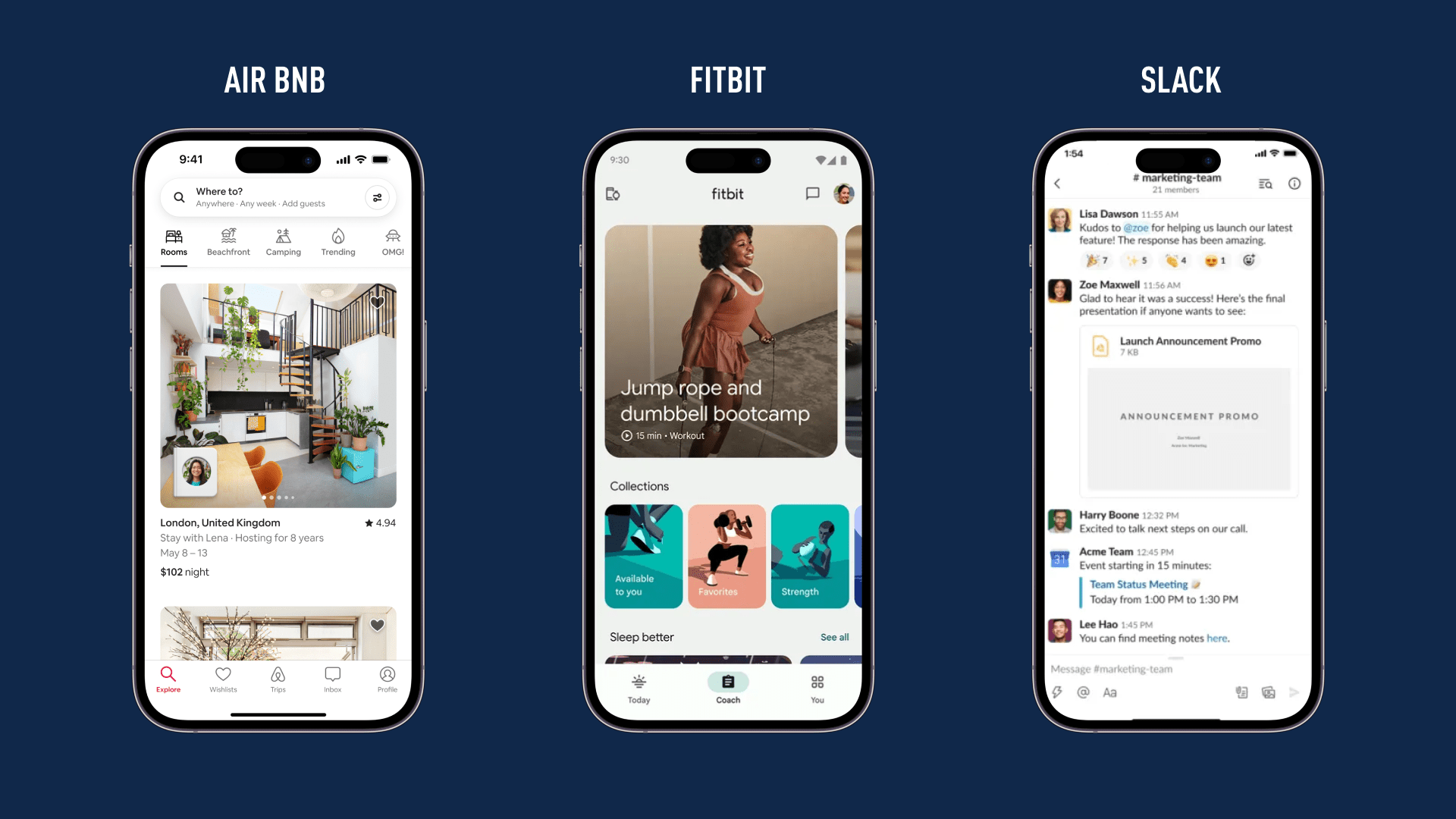 The mobile interfaces of Airbnb, Fitbit, and Slack