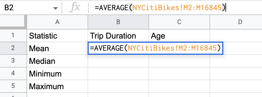 The average formula typed into a cell in a Google Sheets file