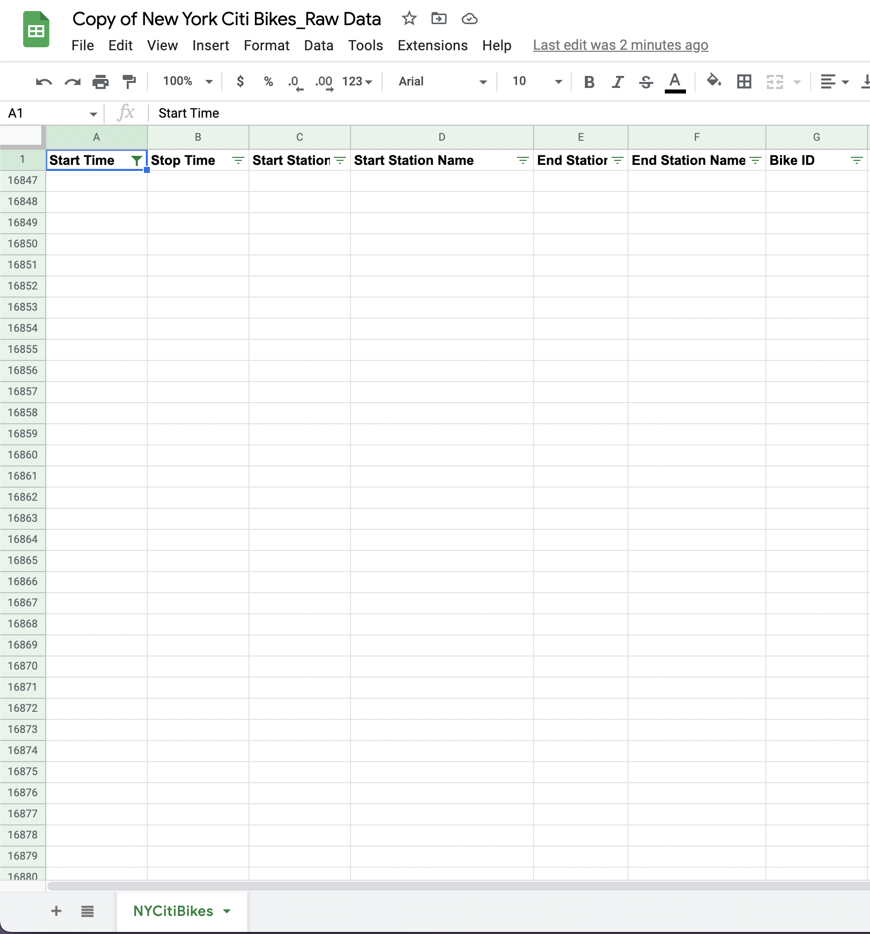 A dataset in Google Sheets with a filter applied, showing only empty rows