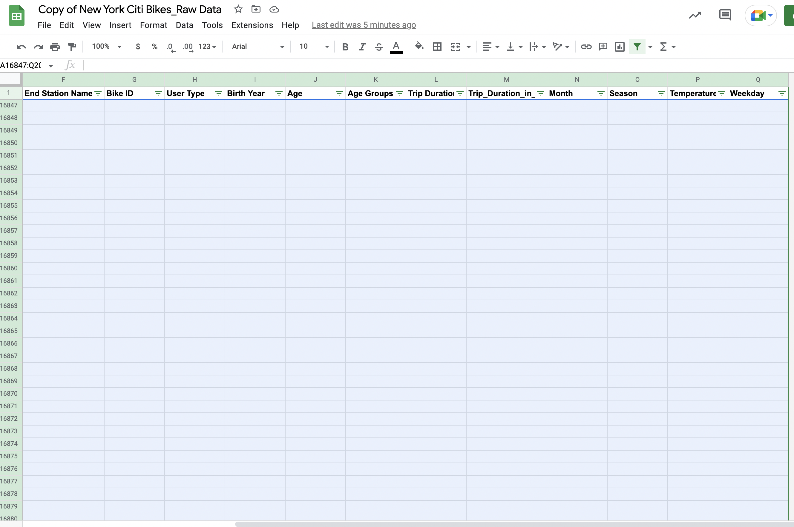 A dataset in Google Sheets with a filter applied, showing only empty rows. All the empty rows have been selected.