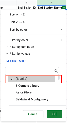 The pop-up window that appears in Google Sheets to define criteria for a filter.  The "Blanks" option has been selected. This will filter the dataset for blank or empty cells.