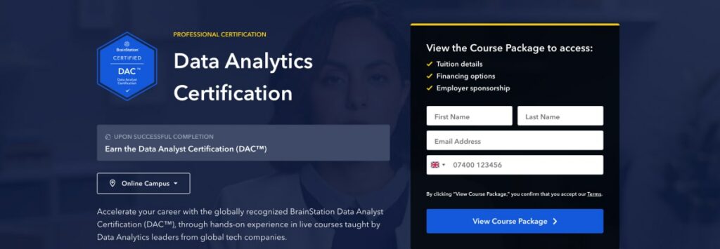 BrainStation Data Analytics Certification website homepage