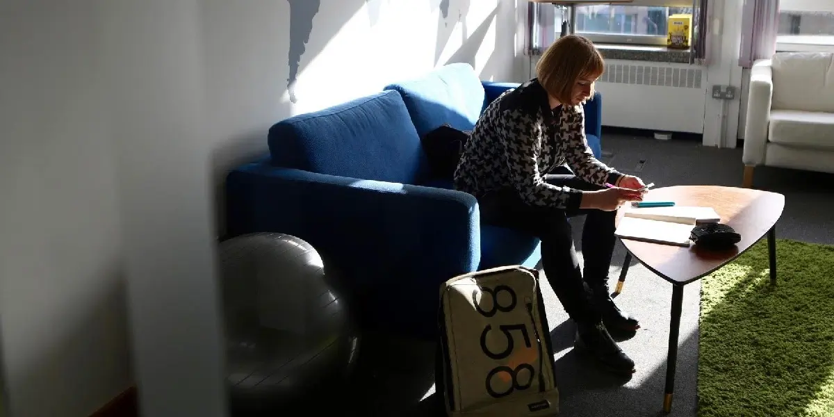A person sitting on a couch in a sunlit room, doing something on their phone