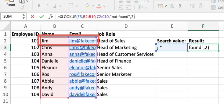 An Excel spreadsheet containing four columns of data, with a match_mode argument has been added to the XLOOKUP formula.