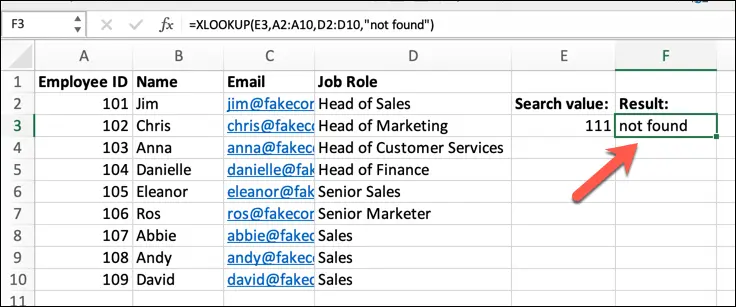 An Excel spreadsheet containing 4 columns of data, with a not_found argument has been added to the XLOOKUP.