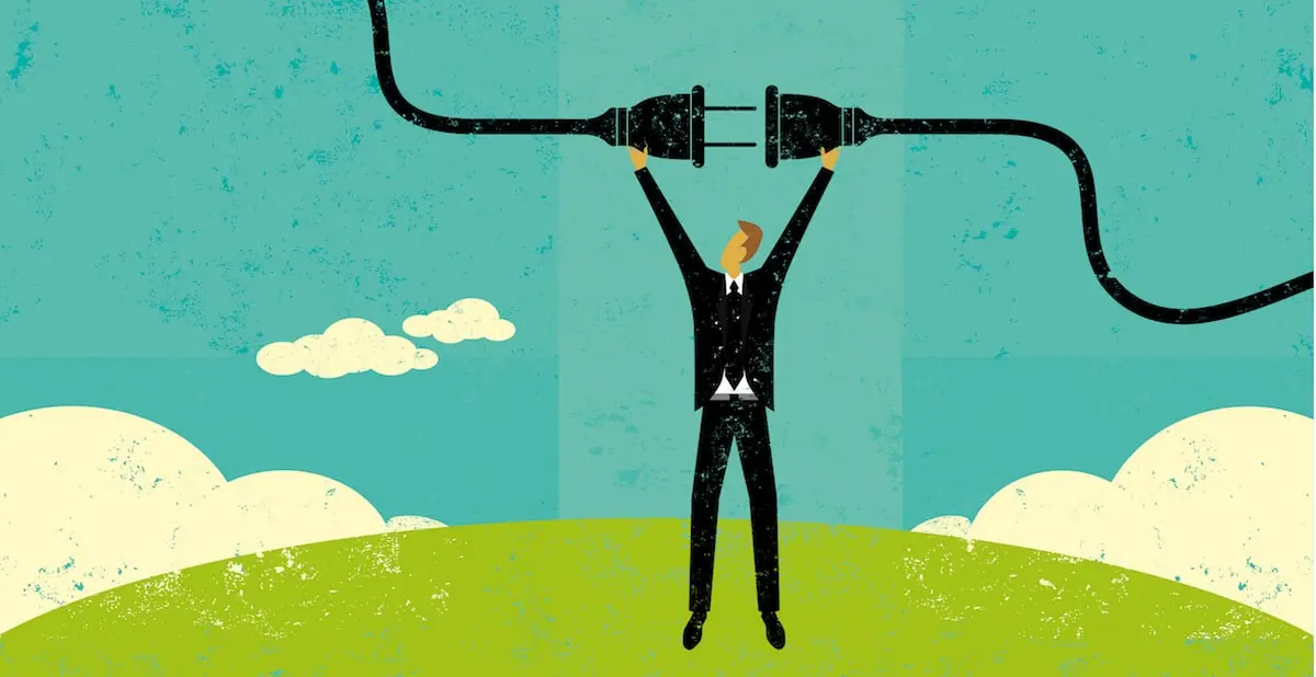 Illustration of a businessman standing on a hill plugging in a giant black plug above his head