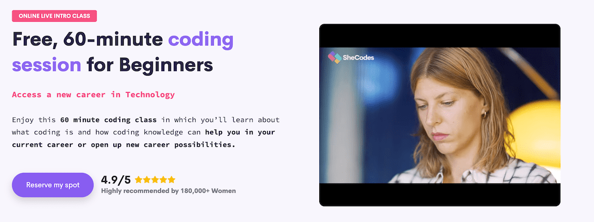 Screenshot from the SheCodes free coding class page.